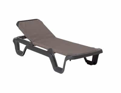Dark grey polypropylene resin sun lounger with reclining backrest and armrests, on a white background