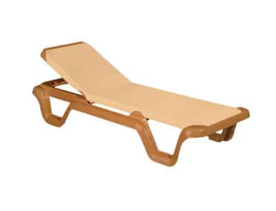 Light brown polypropylene resin sun lounger with reclining backrest and armrests, on a white background