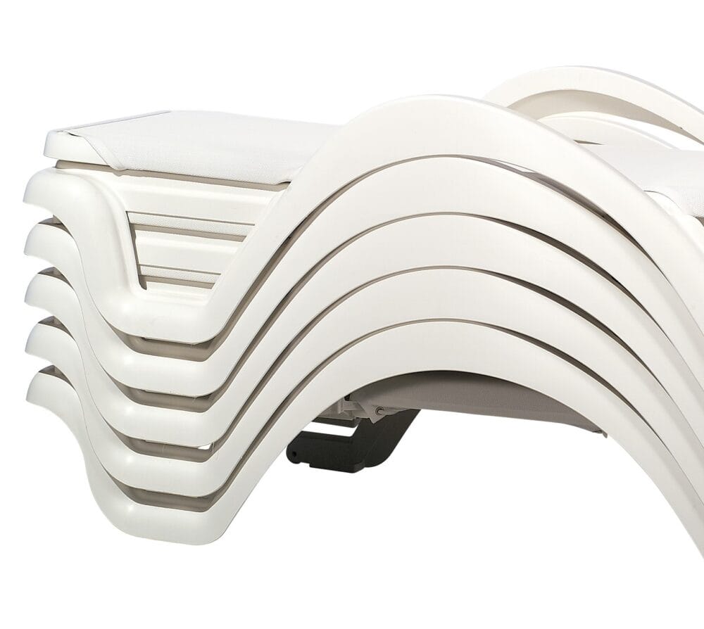A pile of white sun loungers comes out