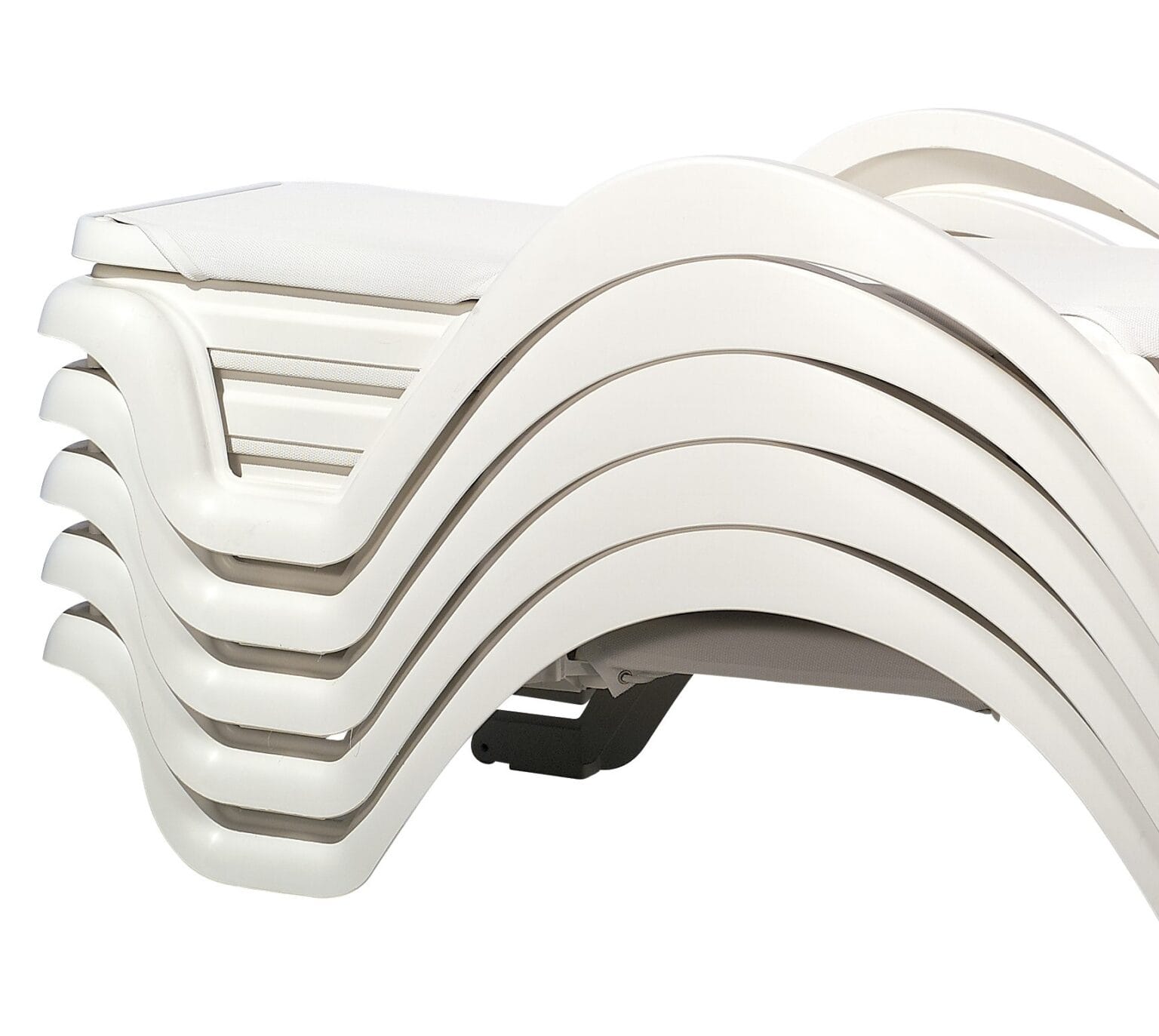 A pile of white sun loungers comes out