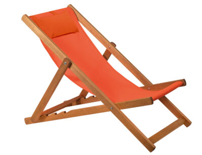 Mini tumbona plegable Bristol, hecha de madera con tela naranja, aislada en fondo blanco.
