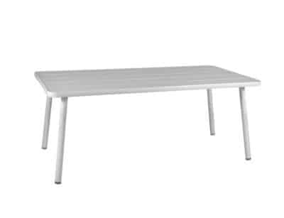 The image shows a rectangular white table. The table has a modern, minimalist design with a smooth, slightly textured surface. It is supported by four slim, straight legs, also in white.