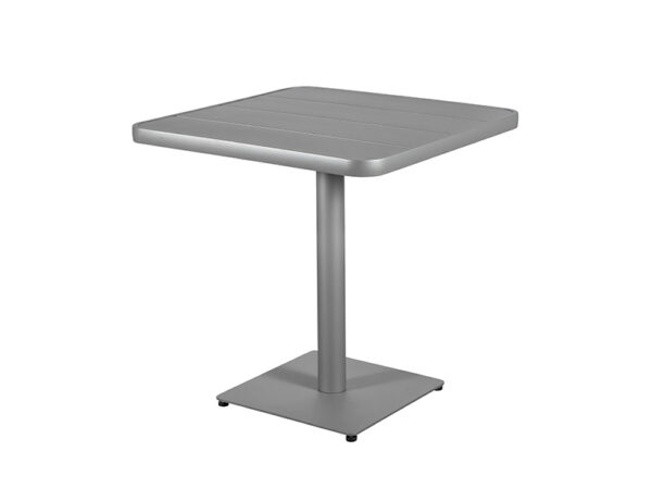 Image of a modern, sleek square table isolated on a white background. The table, light grey in colour, has a flat surface with distinctive horizontal lines suggesting planks or panels. The design of the table is minimalist and contemporary, with a central pedestal base