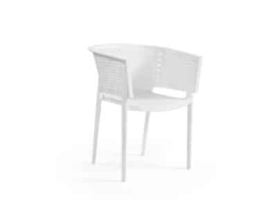 Image of a modern designed white chair with an open, curved work pattern on the back and seat. The chair has four legs, armrests and is positioned against a light, simple background providing a neutral setting that highlights the item