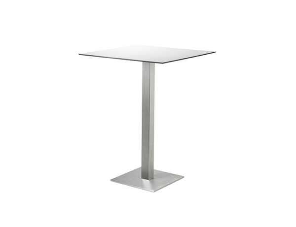 Image of a modern table with a light grey square top and a central chrome metal base with a slanted leg. The table has a minimalist and contemporary design, ideal for modern bars or restaurants.