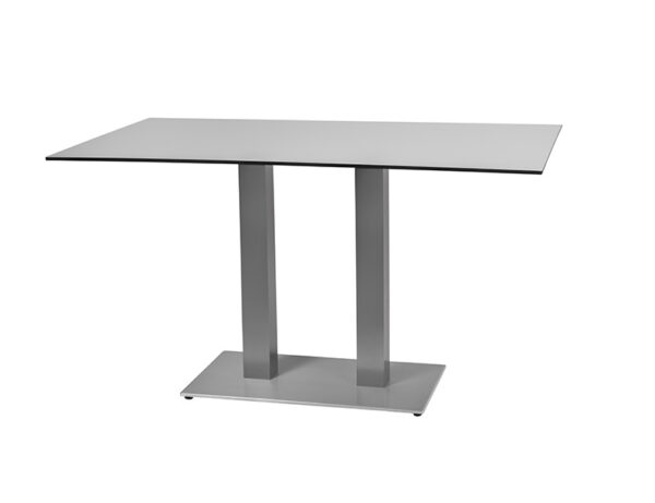 Image of a modern brushed aluminum table with a light grey square top and a chrome metal center base with two unified legs at the base. The table has a minimalist and contemporary design, ideal for modern bars or restaurants.