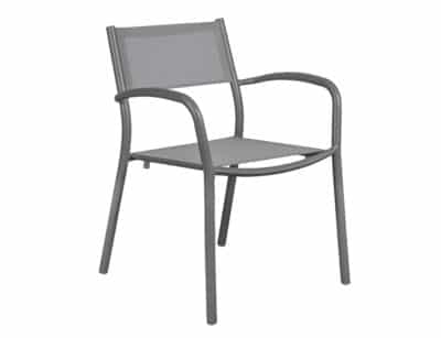 The image shows a modern aluminum-colored chair. The chair has a minimalist design with a straight, thin backrest. The arms of the chair are curved and connected directly to the front legs, which are thin and straight.