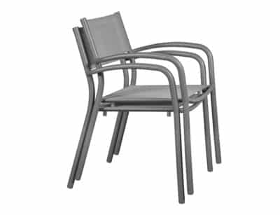 The image shows a stack of modern aluminum-colored chairs. The chairs have a minimalist design with a straight, thin backrest. The arms of the chair are curved and connected directly to the front legs, which are thin and straight.