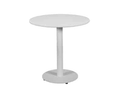 Image of a modern, sleek square table isolated on a white background. The table, light grey in colour, has a flat surface with distinctive horizontal lines suggesting planks or panels. The design of the table is minimalist and contemporary, with a central pedestal base