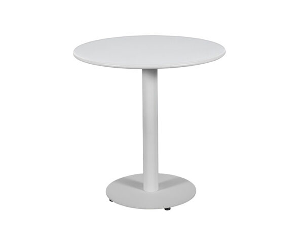Image of a modern, sleek square table isolated on a white background. The table, light grey in colour, has a flat surface with distinctive horizontal lines suggesting planks or panels. The design of the table is minimalist and contemporary, with a central pedestal base