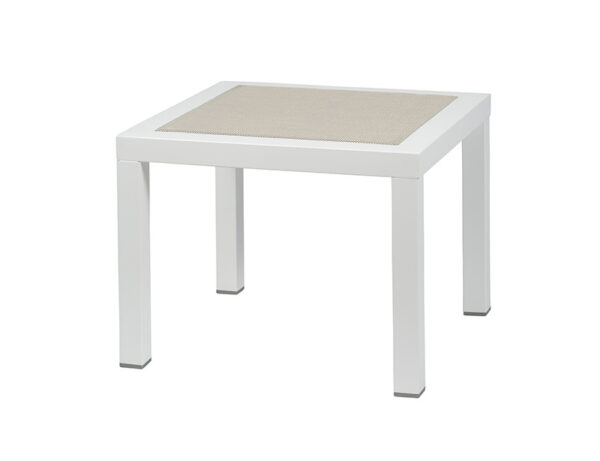 Table basse en aluminium mat blanc. Modèle central Olimpia, offre un design contemporain et fonctionnel, parfait pour les salons modernes ou les espaces de réception
