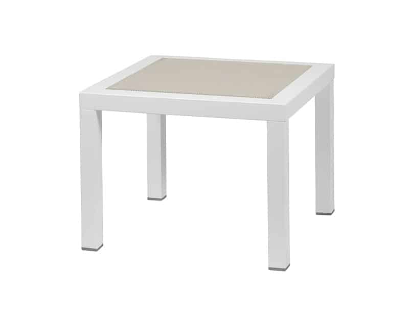 Taula de centre d´alumini mat en color blanc. Model Olimpia central, ofereix disseny contemporani i funcional, perfecta per a salons moderns o àrees de recepció