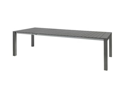 Mesa de exterior moderna con diseño de listones y color gris uniforme, ideal para patios y jardines.