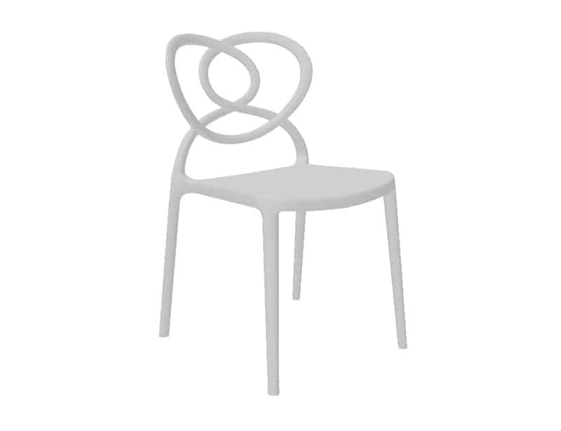 La imagen muestra una silla de resina de polipropileno blanca moderna sin reposabrazos. Tiene un diseño minimalista, con líneas limpias y una superficie lisa. Parece ser ligera y apilable, adecuada tanto para uso interior como exterior. El fondo es simple y no distrae de la silla en sí, lo que la convierte en el punto focal de la imagen