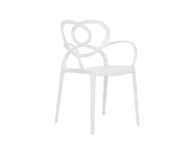 The image shows a modern white polypropylene resin chair with armrests. It has a minimalist design, with clean lines and a smooth surface. It appears to be lightweight and stackable, suitable for both indoor and outdoor use. The background is simple and does not distract from the chair itself, making it the focal point of the image.
