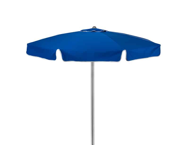 Shows a blue skirted parasol. The parasol has a classic design. It is supported by a thin, metal pole. The umbrella fabric appears sturdy. Ideal for commercial umbrellas for restaurants