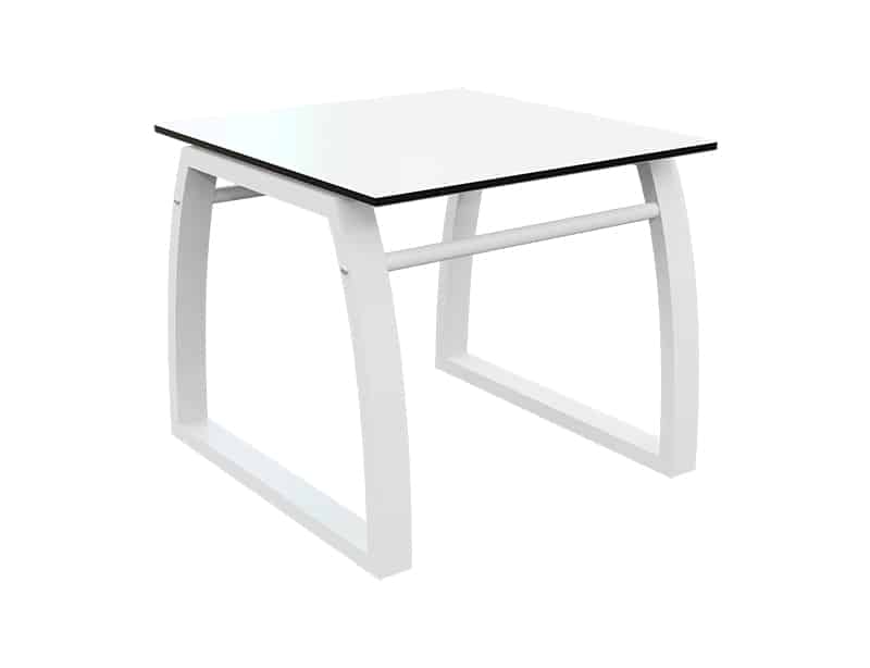 The image shows a modern table with a minimalist design. The table has a square white surface and legs that are made of two curved pieces of white material, which join together at the bottom to form a stable structure.