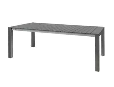 Taula d´exterior moderna amb disseny de llistons i color gris uniforme, ideal per a patis i jardins