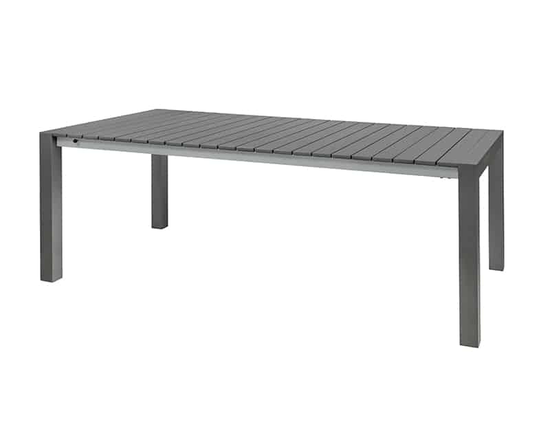 Taula d´exterior moderna amb disseny de llistons i color gris uniforme, ideal per a patis i jardins