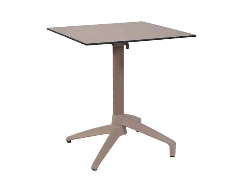 Taula quadrada de pedestal amb acabat mat en to neutre i base de quatre potes per estabilitat