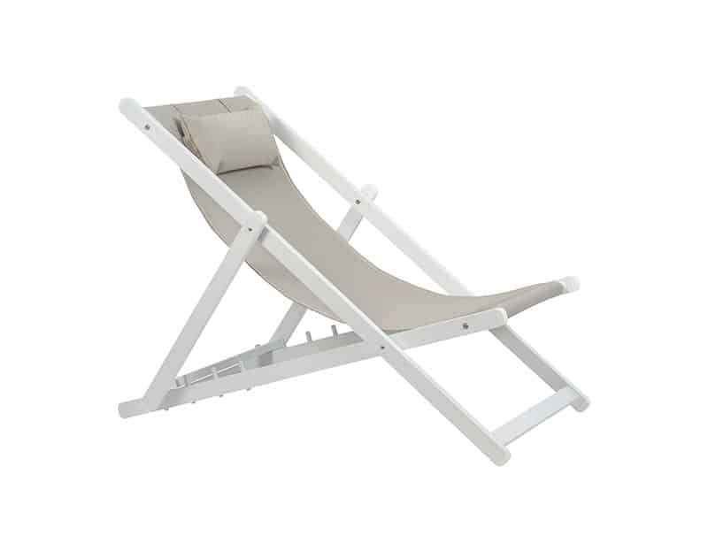 Mini gandula plegable de disseny minimalista en color blanc, amb estructura de fusta i seient de tela resistent, aïllada sobre fons blanc