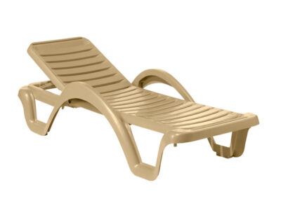 Sand-colored polypropylene resin sun lounger with horizontal slat design and stable outdoor frame on a white background