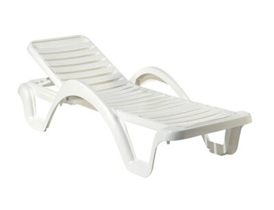 White polypropylene sun lounger resin with horizontal slat design and stable outdoor frame on a white background