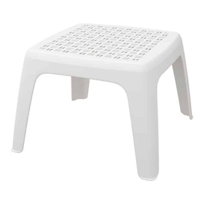 Mini mesa de resina polipropileno con diseño de superficie perforada y cuatro patas, estilo minimalista y práctico