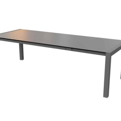 Mesa moderna de estilo minimalista con superficie rectangular y patas en tonos grises, acabado aluminio mate