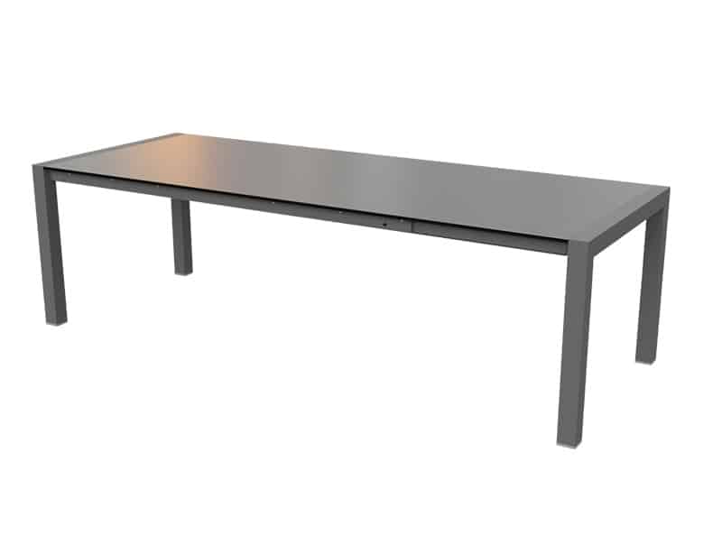 Taula moderna d'estil minimalista amb superfície rectangular i potes en tons grisos, acabat alumini mat