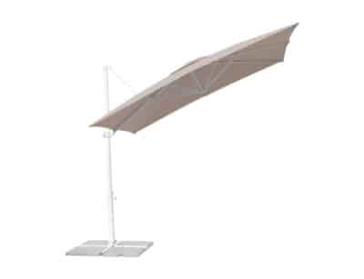 Elegant, large beige garden parasol with a robust metal frame and base, unfolded to provide ample shade, ideal as a commercial parasol for restaurants.