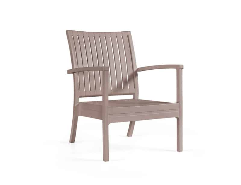 Sillón de exterior Vera L en color tórtola, fabricado en resina resistente y diseño elegante, ideal para terrazas y jardines.