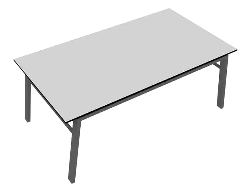 La imatge mostra una taula d'alumini mat rectangular de disseny simple i modern, amb una superfície grisa amb tauler HPL i quatre potes fetes d'alumini. L'estil és minimalista i elegant