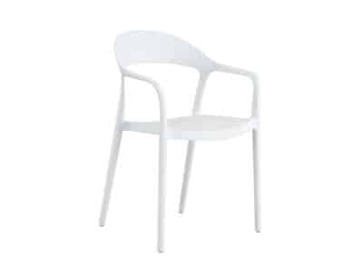 The image shows a modern white polypropylene resin chair with armrests. It has a minimalist design, with clean lines and a smooth surface. It appears to be lightweight and stackable, suitable for both indoor and outdoor use. The background is simple and does not distract from the chair itself, making it the focal point of the image.