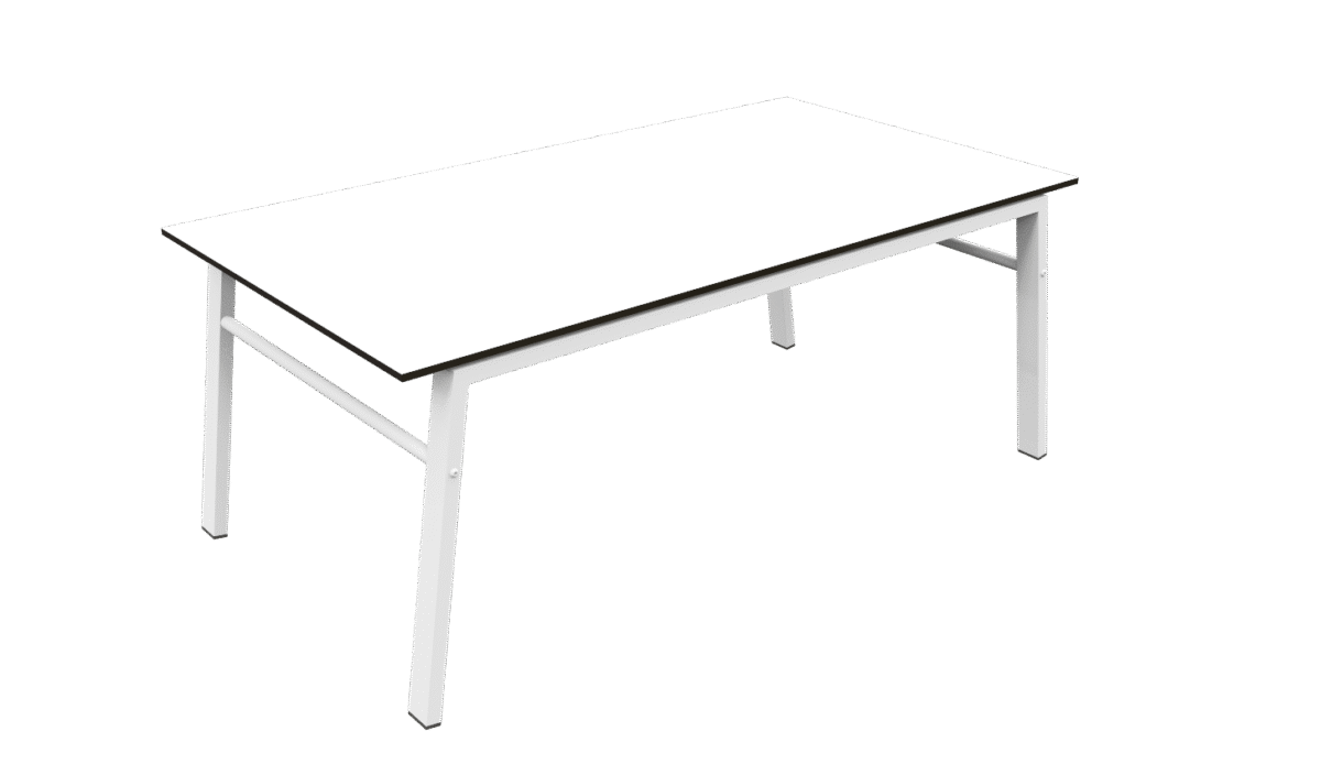 The picture shows a rectangular matte aluminum table with a simple and modern design, with a white surface with HPL top and four legs made of aluminum. The style is minimalist and elegant.