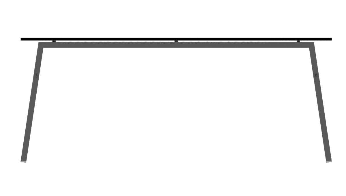 The image shows a side perspective of a rectangular matte aluminum table with a simple and modern design, with a gray surface with HPL top and four legs made of aluminum. The style is minimalist and elegant.